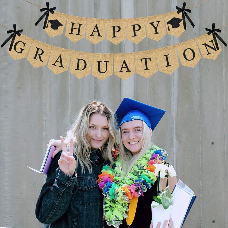 Partyprops Burlap Happy Graduation Banner | Rustic Vintage Graduation Decorations | Perfect for Grad Party Supplies 2025 | Grad Party Decor for Home, College, Senior, High School Prom Decorations - Image 2